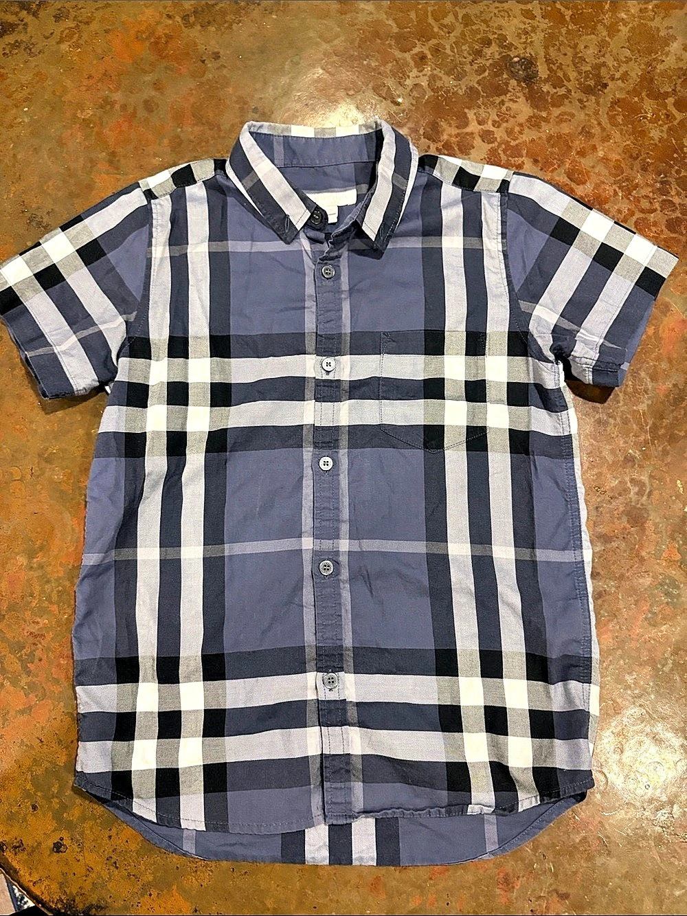 Burberry Childrens Blue Check Short Sleeve Shirt Boys Plaid Button Down Size 8Y